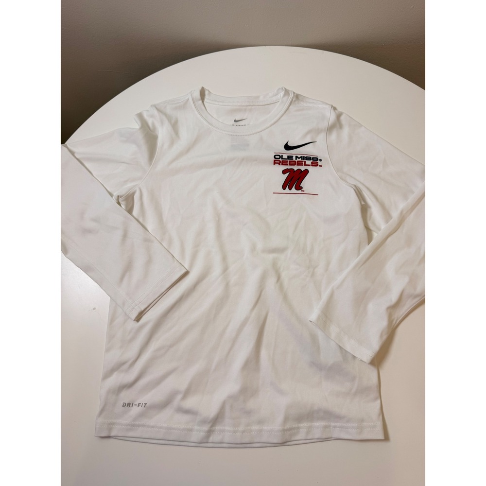 Nike Long Sleeve Shirt Kids Small White Excellent Ole Miss Rebels Dri-FIT Tee